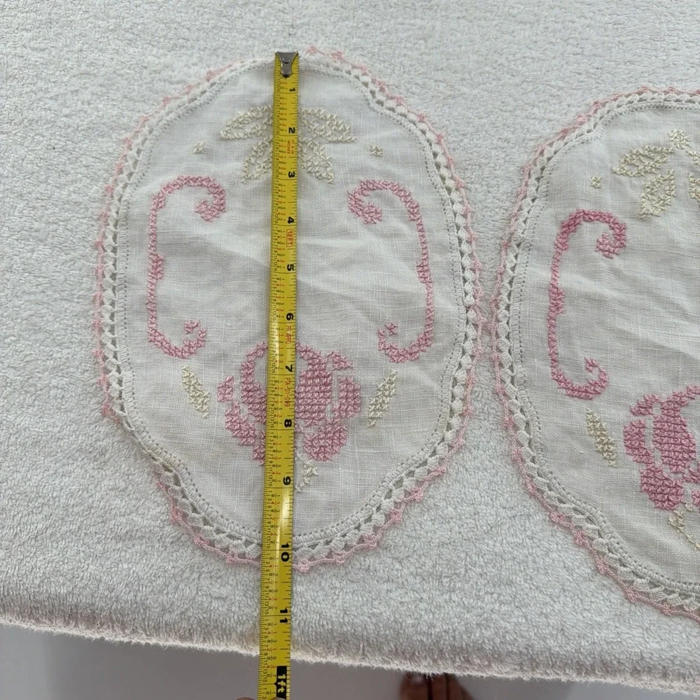 Collectible Handmade Embroidered Doily Set 2 Pink White Crochet Trim 10